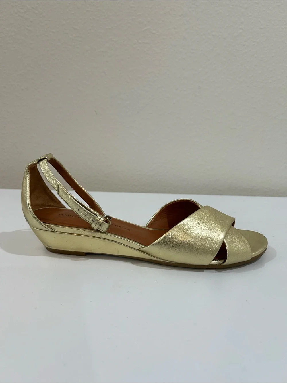 Marc Jacobs Gold Leather Shoes Open-Toe Wedge Sandal, Size US 9.5, IT 39.5